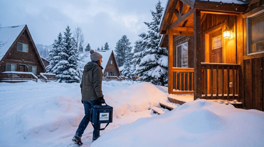 Volunteer delivering Meals on Wheels container in a snow-blanketed Tahoe neighborhood.