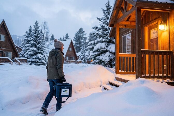 Volunteer delivering Meals on Wheels container in a snow-blanketed Tahoe neighborhood.