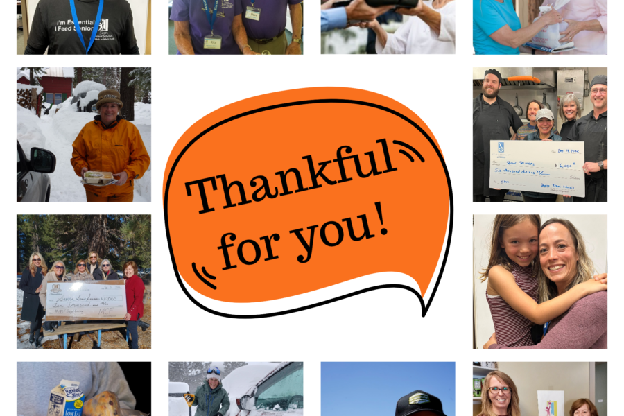 Featured image showing a photo collage of Sierra Senior Services Meals on Wheels volunteers, staff, community partners, and participants with a word bubble "Thankful for you!"