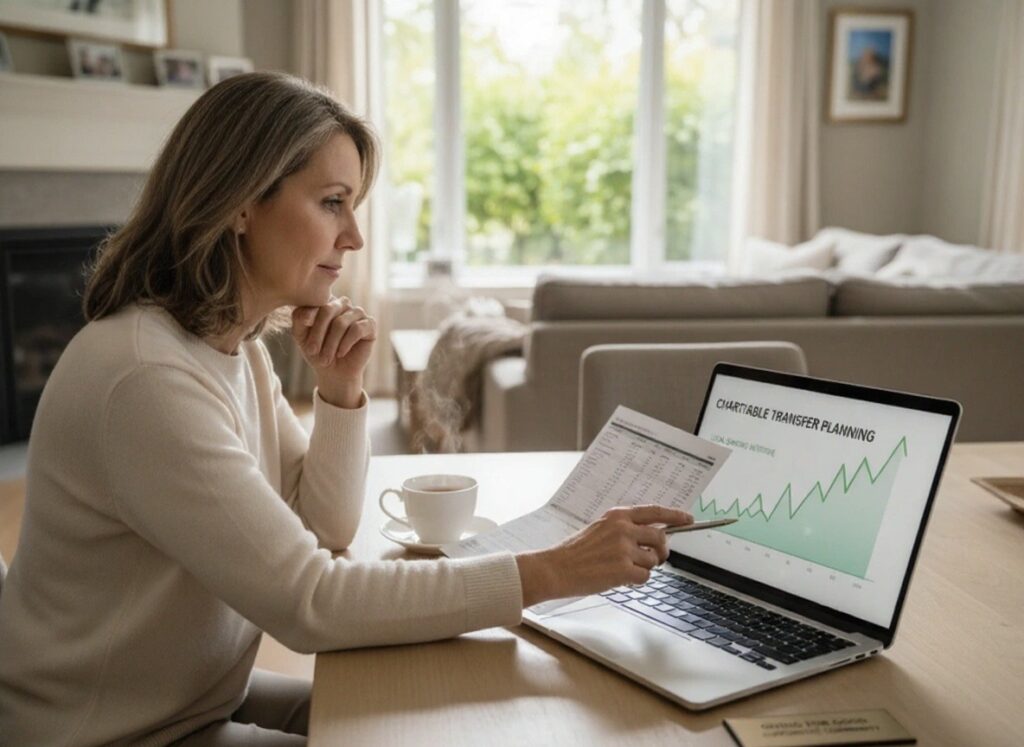 A clean, modern financial planning scene with soft natural light. A donor sits at a wooden table reviewing a printed statement and planning a charitable stock transfer. A laptop screen shows a simplified stock chart rising upward. In the background, a warm, inviting home setting suggests comfort and security. The overall mood is calm, hopeful, and responsible—symbolizing thoughtful philanthropy and smart giving decisions that benefit local seniors.