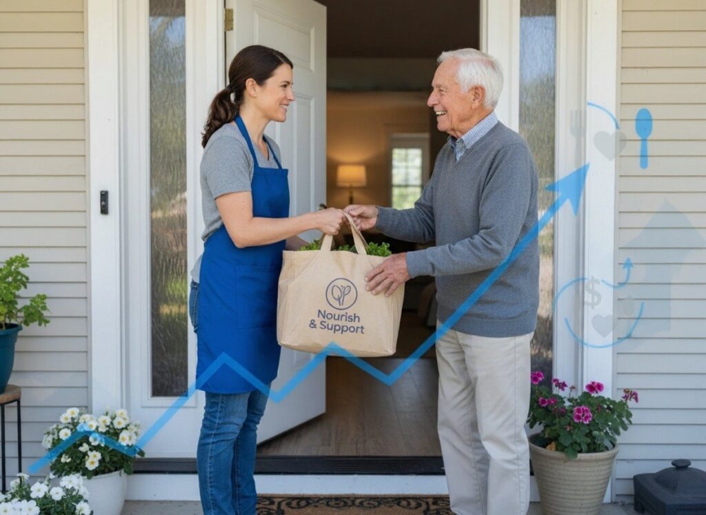 A caring volunteer hands a meal delivery bag to a smiling senior at their front door. Overlaid in soft focus is a subtle, semi-transparent graphic of a rising stock line and financial icons. The composition blends human impact with financial tools, symbolizing how stock donations directly fuel programs that nourish and support local seniors. Bright, uplifting, and community-focused.