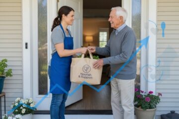 A caring volunteer hands a meal delivery bag to a smiling senior at their front door. Overlaid in soft focus is a subtle, semi-transparent graphic of a rising stock line and financial icons. The composition blends human impact with financial tools, symbolizing how stock donations directly fuel programs that nourish and support local seniors. Bright, uplifting, and community-focused.