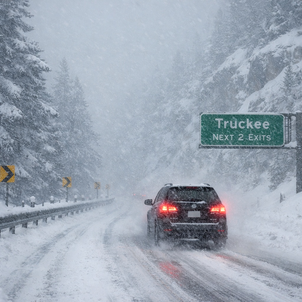 Car driving in a severe winter storm near Truckee, California on a snowy road